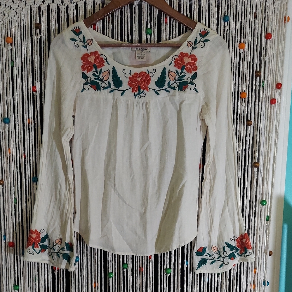 Lucky Brand Cream Floral Embroidered Blouse